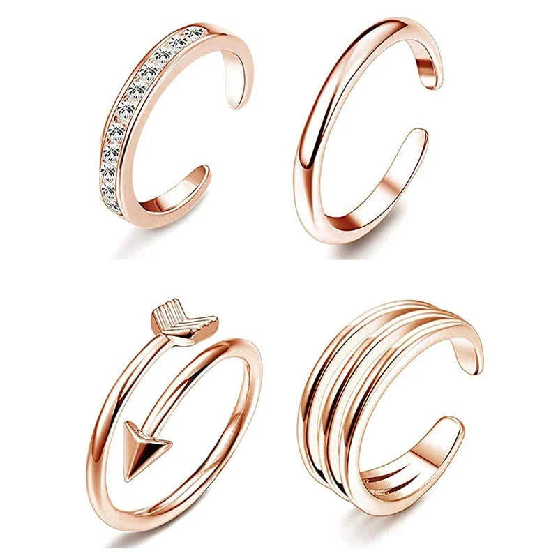 4Pcs Simple Alloy Crystal Foot Ring Adjustable Opening Toe Ring For Women Girl Summer Beach Vacation Jewelry Finger Ring-4