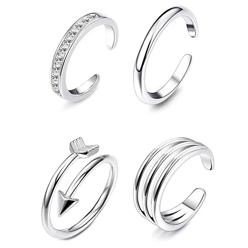 4Pcs Simple Alloy Crystal Foot Ring Adjustable Opening Toe Ring For Women Girl Summer Beach Vacation Jewelry Finger Ring-7