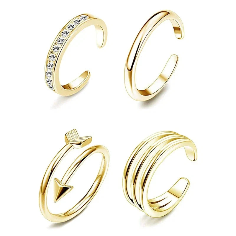 4Pcs Simple Alloy Crystal Foot Ring Adjustable Opening Toe Ring For Women Girl Summer Beach Vacation Jewelry Finger Ring-3