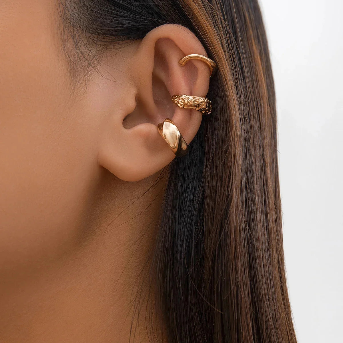 3Pcs/set Metal Chunky No Piercing Clip Earrings Geometric Ear Cuff Earrings for Women Ladies Party Girls Y2K Jewelry 2024 Trendy-2