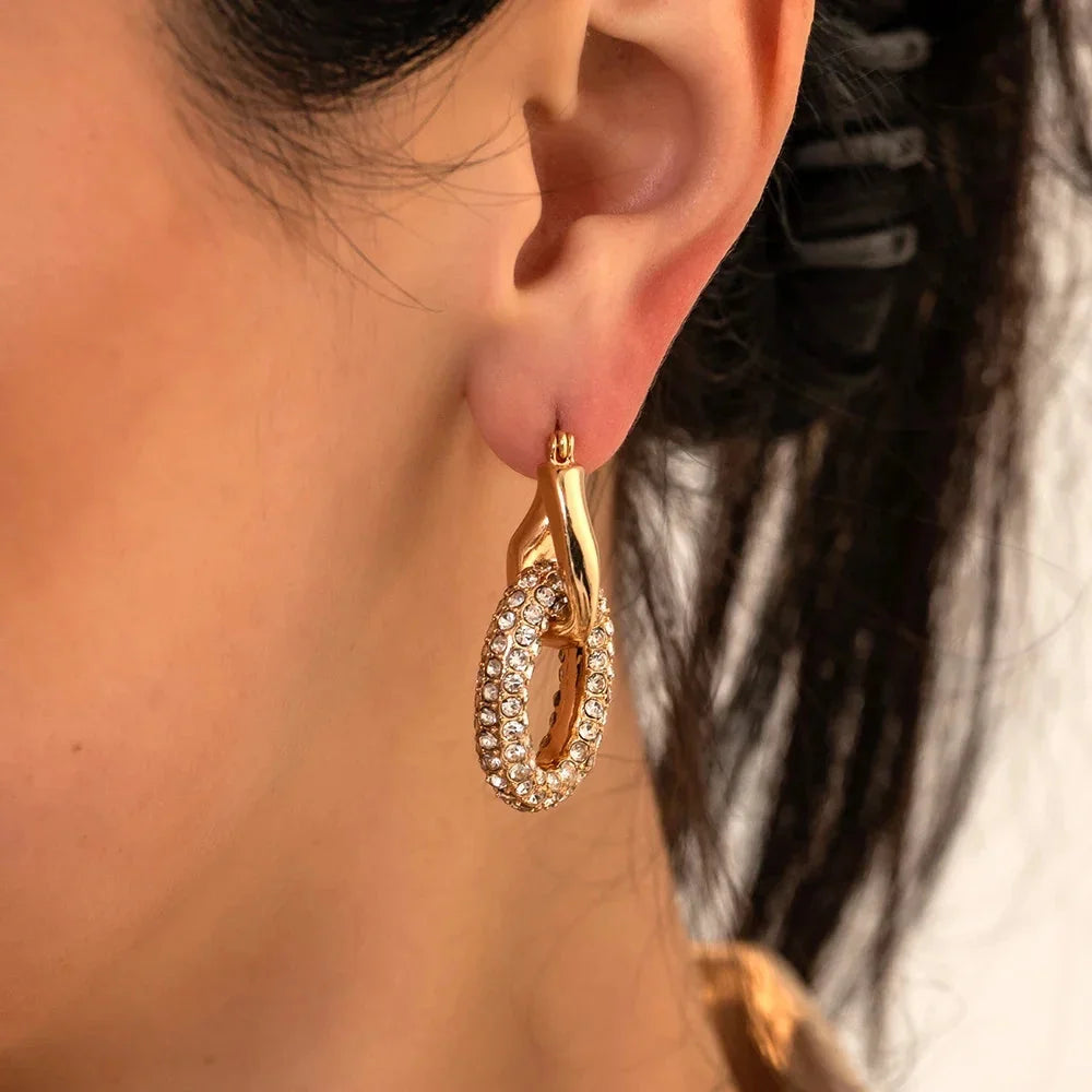 Punk Circle Pendant Shiny Rhinestone Stainless Steel Drop Earrings Bilayer Oval Round Rust Proof Party Zircon Huggie Jewelry New-1