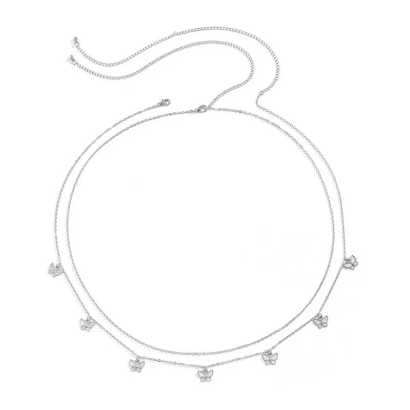 Sexy Double Thin Chain Women's Waist Chain Charming Butterfly Stainless Steel Belly Chain Summer Beach Bikini Body Jewelry-7