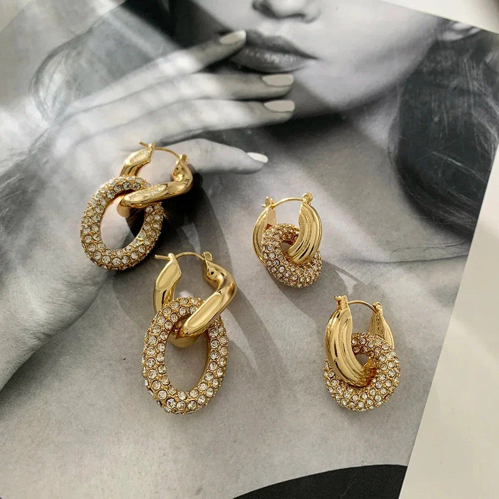 Punk Circle Pendant Shiny Rhinestone Stainless Steel Drop Earrings Bilayer Oval Round Rust Proof Party Zircon Huggie Jewelry New-2