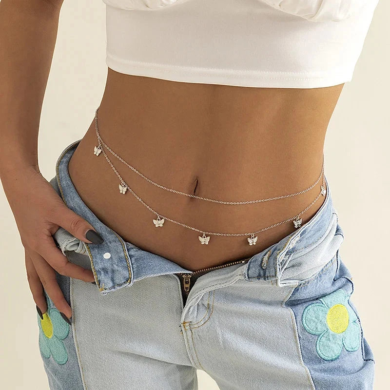 Sexy Double Thin Chain Women's Waist Chain Charming Butterfly Stainless Steel Belly Chain Summer Beach Bikini Body Jewelry-3