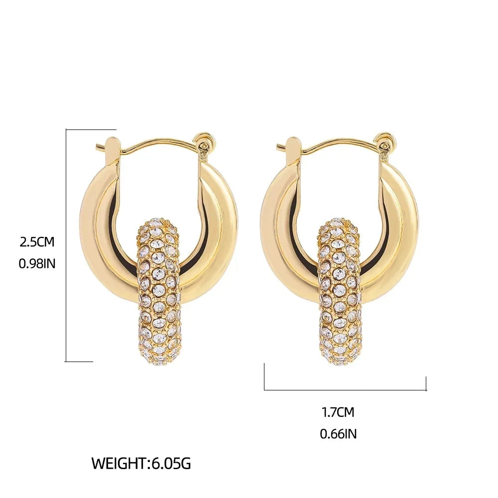 Punk Circle Pendant Shiny Rhinestone Stainless Steel Drop Earrings Bilayer Oval Round Rust Proof Party Zircon Huggie Jewelry New-6